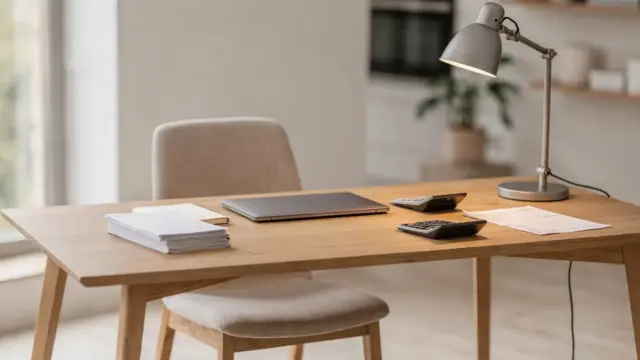 Homeoffice-Arbeitsplatz mit Laptop, Belegen und Taschenrechner für Selbständige und die EÜR