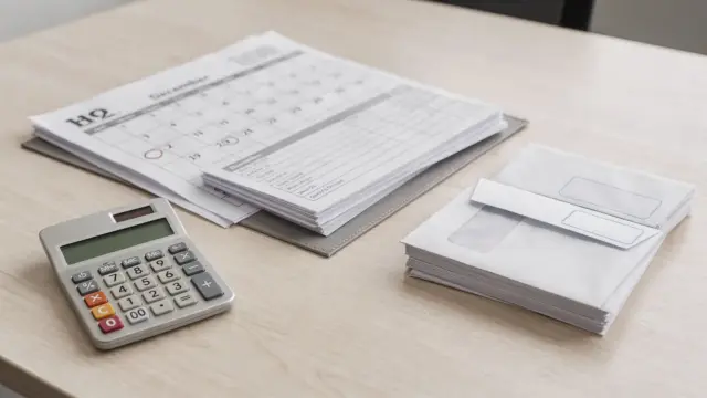 Weihnachtsgeld versteuern: Büro mit Kalender, Taschenrechner und Lohnunterlagen zu Boni und Sonderzahlungen