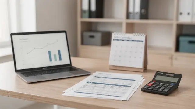 Steuerberater-Büro mit Dokumenten, Taschenrechner und Laptop zur Investitionsberatung