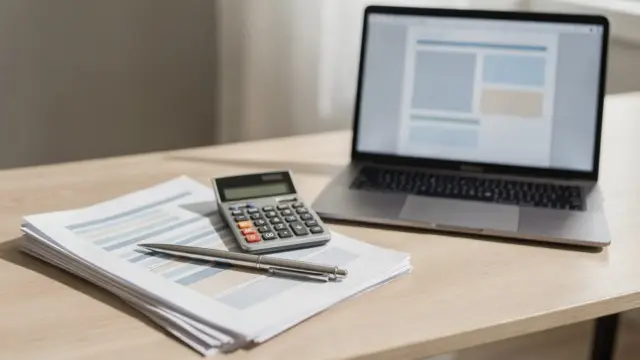 Unterhalt nach der Scheidung steuerlich: Taschenrechner, Steuerunterlagen und Laptop auf einem Schreibtisch