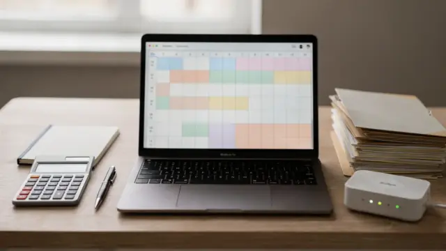 EÜR mit ELSTER: Laptop, Rechner und Unterlagen auf einem aufgeräumten Schreibtisch