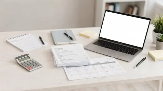 Kalender, Steuerunterlagen und Taschenrechner zum Thema EÜR-Abgabefrist