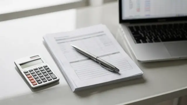 Bürodesk mit Taschenrechner, Belegen und Laptop zur Korrektur der EÜR