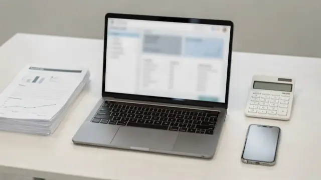 Digitale Lohnabrechnung auf einem Büroarbeitsplatz mit Laptop, Dokumenten und Taschenrechner