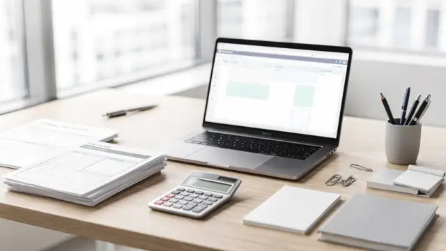Büroarbeitsplatz mit Unterlagen und Rechner zur Steuerberater-Payroll-Unterstützung