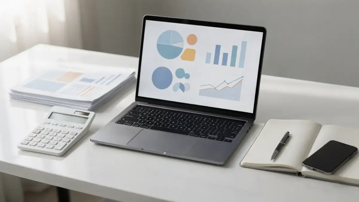 Digitale Steuerberaterleistungen: Laptop, Taschenrechner und Unterlagen im modernen Büro