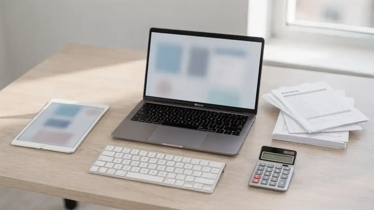 Digitale Zusammenarbeit mit Steuerberater-Software: Laptop, Tablet, Dokumente und Taschenrechner auf modernem Schreibtisch