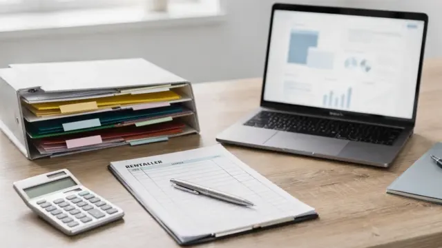 Steuerberater-Arbeitsplatz mit Unterlagen zur Vermietung für Vermieter