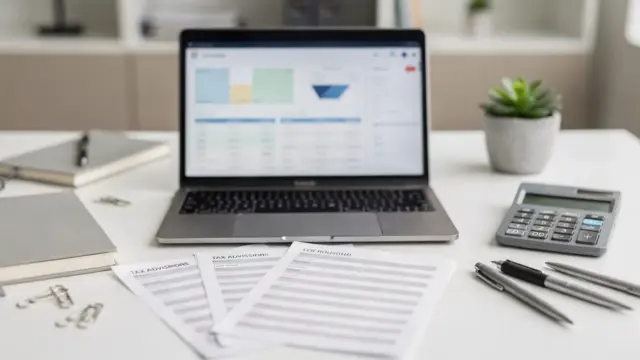 Lohnabrechnungssoftware für Steuerberater auf einem Schreibtisch mit Laptop, Rechner und Lohnunterlagen
