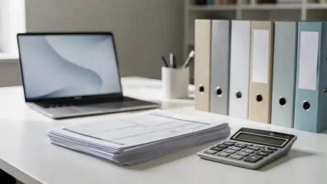 Steuerberater-Abrechnung mit Rechner, Unterlagen und Laptop auf einem aufgeräumten Schreibtisch