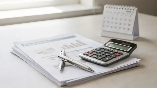 Calculator neben Rentenunterlagen und Kalender auf einem Schreibtisch zum Thema Besteuerungsanteil der Rente