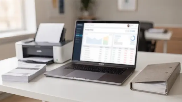 Laptop mit Buchhaltungssoftware, Belege und Ordner auf einem Schreibtisch für die Datenübergabe an die Steuerkanzlei.