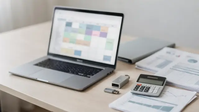 Laptop mit Buchhaltungsdaten, Ordner und Taschenrechner auf einem Schreibtisch in einer Steuerkanzlei.
