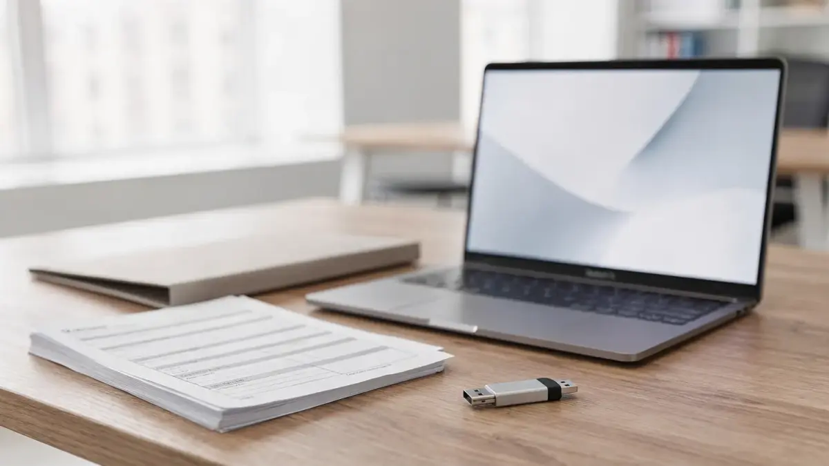 ELSTER-Zertifikat-Datei und Laptop auf einem Schreibtisch mit Steuerunterlagen