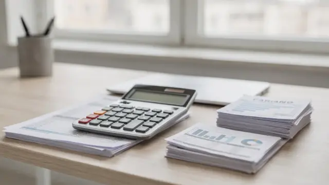 Calculator und Steuerunterlagen auf einem Schreibtisch zum Thema Kindergeld und Kinderfreibetrag.