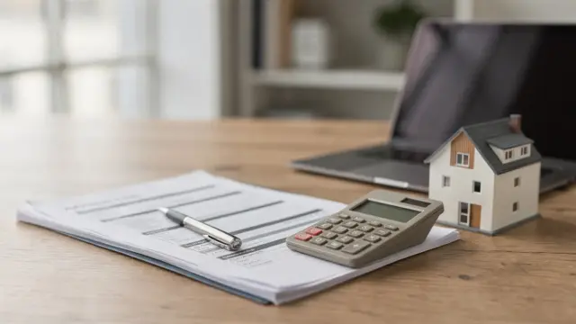 Unterlagen zur Immobilienfinanzierung mit Taschenrechner, Stift und Hausmodell auf einem Tisch.