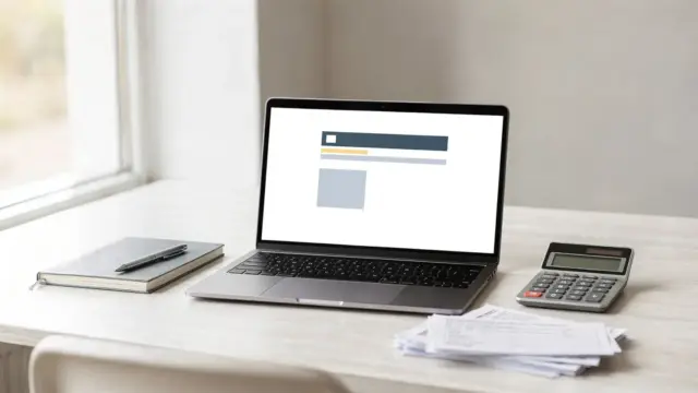 Homeoffice mit Laptop, Steuerformular und Unterlagen zur digitalen Steuererklärung online