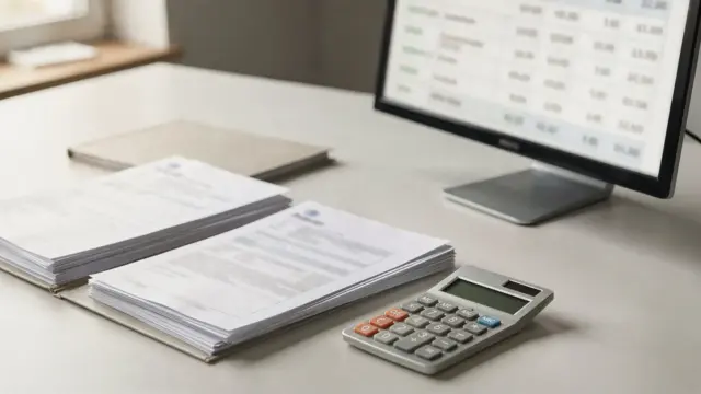 Pensionsunterlagen mit Formularen, Taschenrechner und Ordner auf einem Schreibtisch