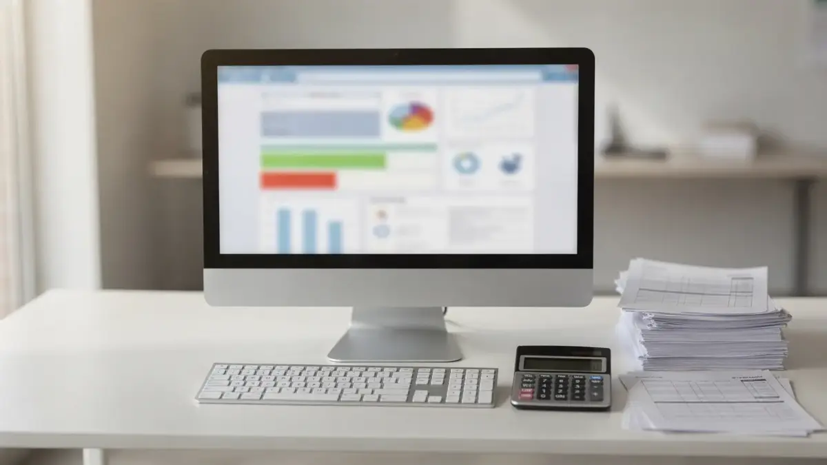 Steuersoftware auf einem Monitor mit gelben und roten Warnhinweisen neben Taschenrechner und Unterlagen.