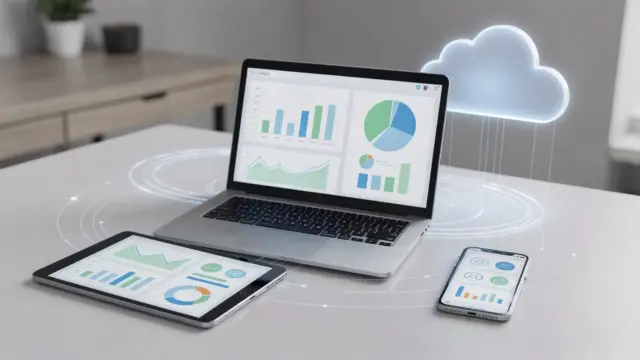 Laptop mit Buchhaltungssoftware, Tablet und Smartphone auf einem Schreibtisch, digitale Verbindungslinien im Hintergrund