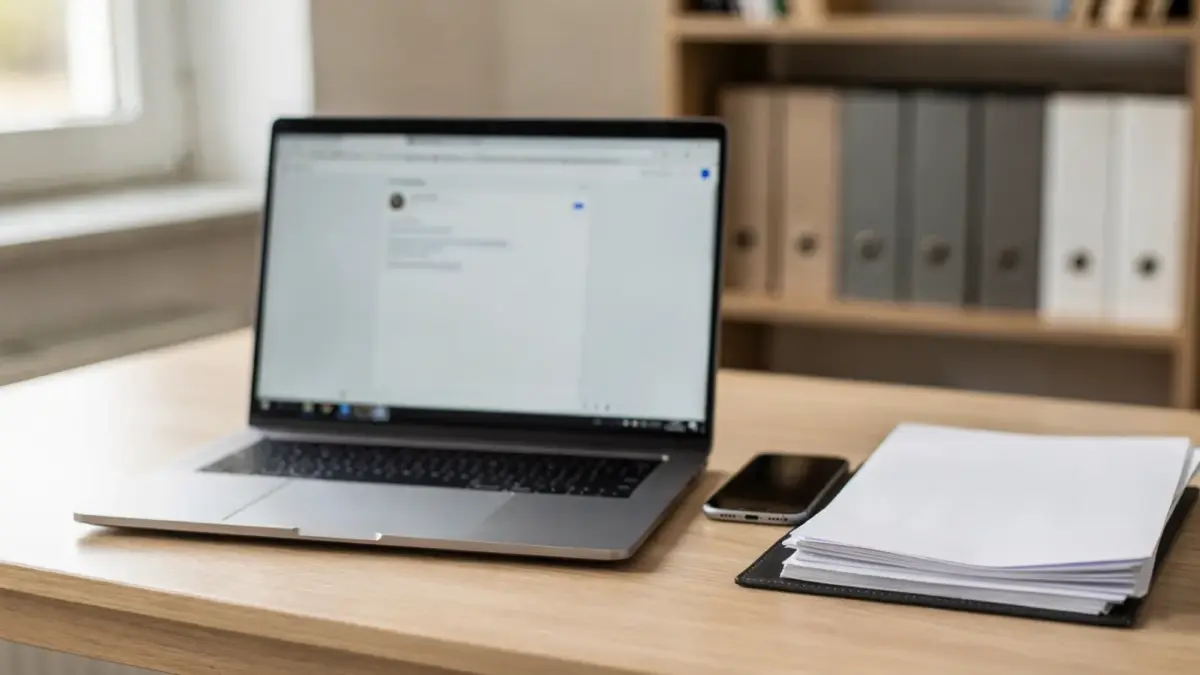 Laptop mit geöffnetem Online-Steuerpostfach, daneben Kalender und Unterlagen auf einem Schreibtisch.
