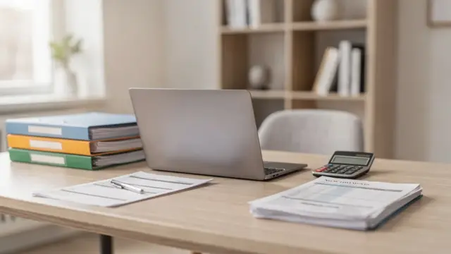 Laptop, Taschenrechner und Steuerunterlagen auf einem Schreibtisch zur Online-Steuerberatung.