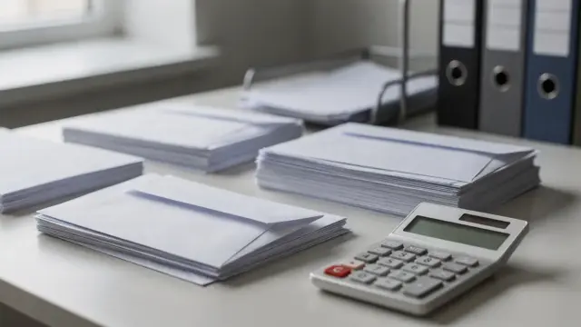 Ordner, Belege und Taschenrechner auf einem Schreibtisch zur Aufbewahrung von Sonderausgaben-Nachweisen