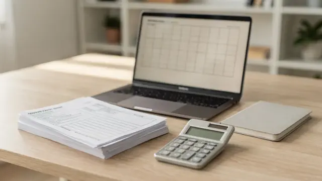 Steuerunterlagen, Taschenrechner und Laptop auf einem Schreibtisch für die Anlage S bei Selbständigen