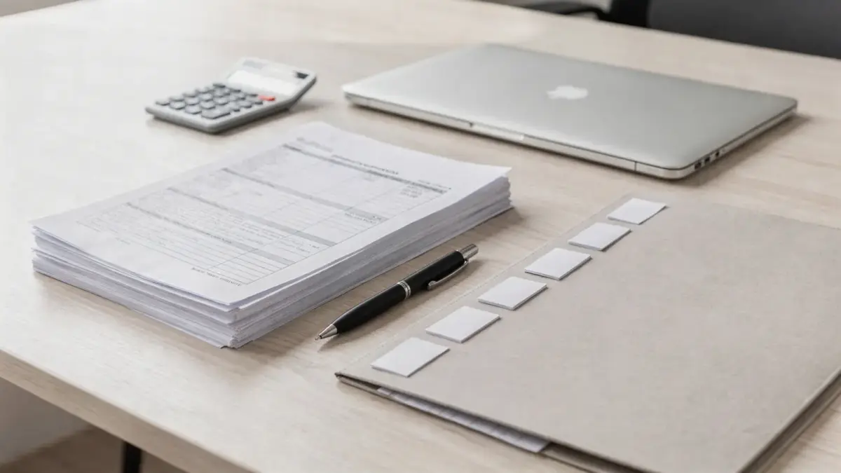 Steuerberater-Fehler: Unterlagen, Taschenrechner und Laptop auf einem ordentlichen Schreibtisch