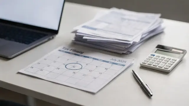 Steuerunterlagen, Kalender und Taschenrechner auf einem Schreibtisch zum Abgabetermin der Steuererklärung 2024