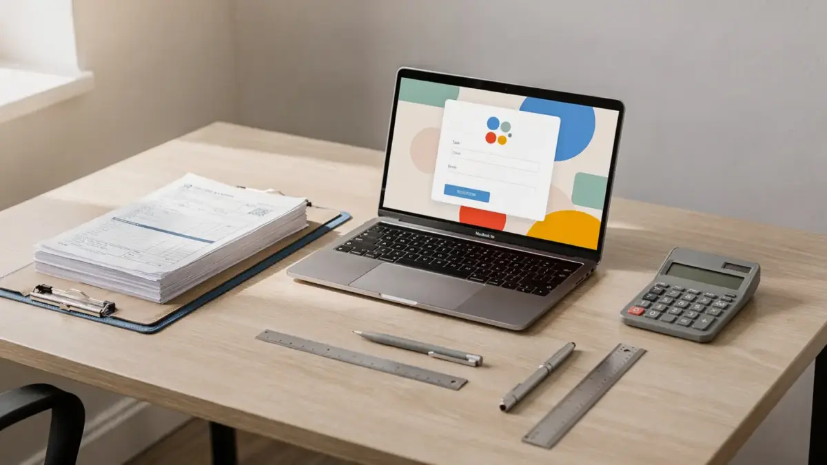 Steuerunterlagen, Laptop und Taschenrechner auf einem Schreibtisch für die steuerliche Erfassung