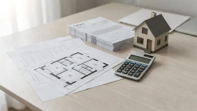 Hausmodell, Bauplan, Taschenrechner und Steuerunterlagen auf einem Schreibtisch zum Thema AfA bei vermieteten Immobilien.