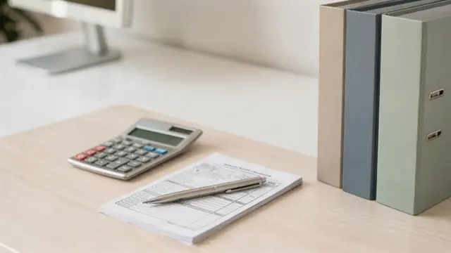Steuerunterlagen, Taschenrechner und Ordner zu Renten-, Kranken- und Pflegebeiträgen auf einem Schreibtisch.