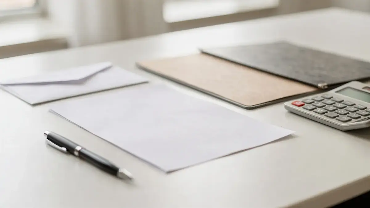 Kündigungsschreiben für den Steuerberatervertrag auf einem Schreibtisch mit Umschlag, Stift und Ordner