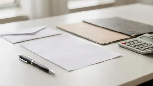 Kündigungsschreiben für den Steuerberatervertrag auf einem Schreibtisch mit Umschlag, Stift und Ordner