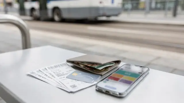 Tickets und Zeitkarten für Bus und Bahn neben einem Taschenrechner auf dem Tisch.