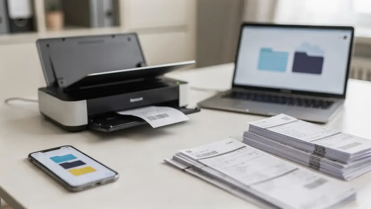 Scanner, Smartphone und Laptop auf einem Schreibtisch mit sortierten Belegen für die digitale Belegübergabe an den Steuerbera