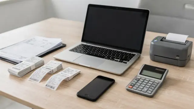 Laptop und Smartphone mit geöffneter Belegaustausch-App, daneben sortierte Rechnungen und Quittungen im Büro.