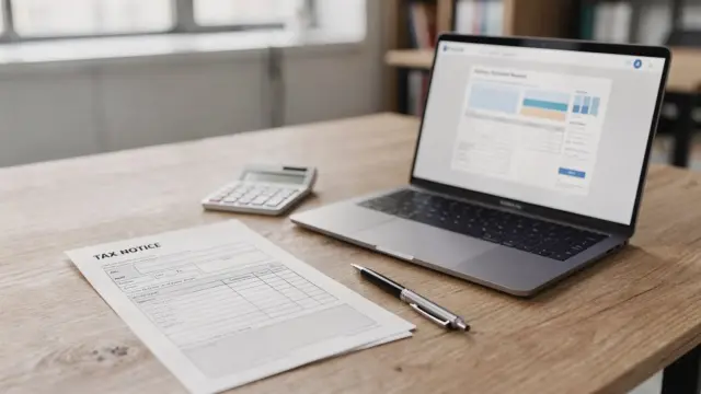 Steuerbescheid, Formular, Taschenrechner und Laptop auf einem Schreibtisch zum Thema Stundungsantrag beim Finanzamt.