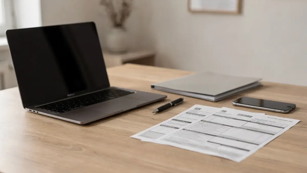 Unterlagen, Laptop und Smartphone auf einem Schreibtisch zur Einrichtung einer ELSTER-Vollmacht für Angehörige