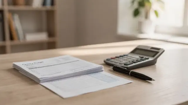 Steuerunterlagen mit Taschenrechner und Unterlagen zu Kindergeld und Kinderfreibetrag auf einem Schreibtisch.