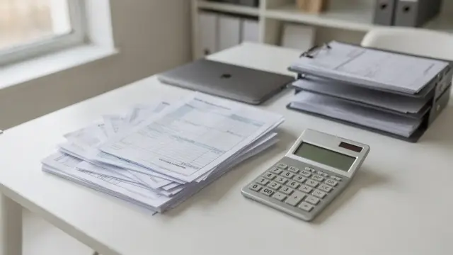 Steuerunterlagen, Taschenrechner und Laptop auf einem Schreibtisch zur steuerlichen Behandlung des Geschäftsführergehalts in