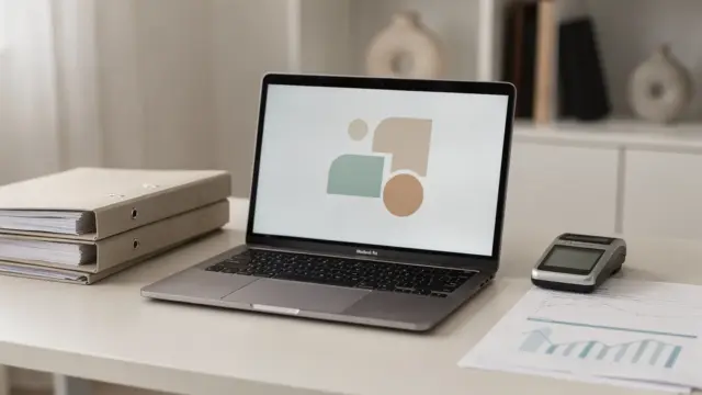 Laptop mit digitalem Datenexport, Ordnern und Unterlagen im Steuerberaterbüro zum DATEV-Wechsel