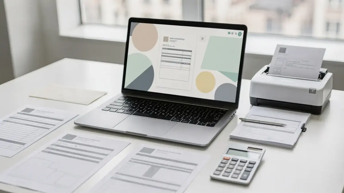 Laptop mit Steuersoftware, Steuerunterlagen, Umschlag und Taschenrechner auf einem Schreibtisch