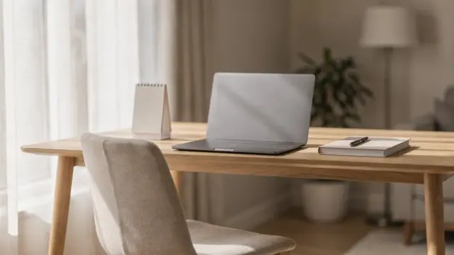 Laptop auf einem Schreibtisch in einer Wohnung, daneben Kalender und Notizbuch zum Thema Homeoffice-Pauschale.