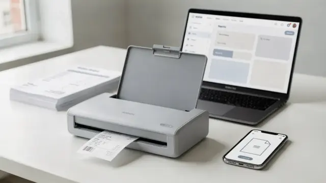 Scanner, Beleg und Laptop in einer Buchhaltungsumgebung mit digitaler OCR-Erfassung.