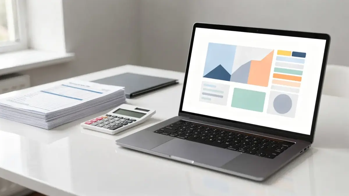 Laptop mit Steuerportal, daneben Unterlagen, Taschenrechner und Ordner zum ELSTER-Belegabruf