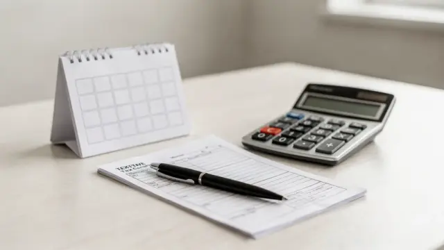 Kalender, Taschenrechner und Steuerformulare auf einem Schreibtisch zum Thema Verspätungszuschlag
