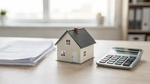 Steuerunterlagen und Hausmodell auf einem Tisch, Thema Abschreibungsregeln für vermietete Immobilien.