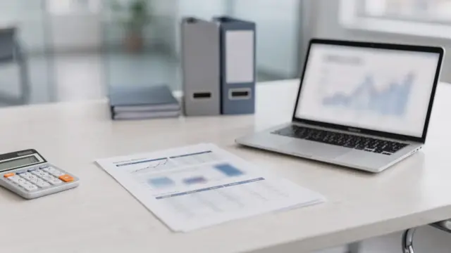 Steuerunterlagen, Taschenrechner und Laptop auf einem Bürotisch zum Thema Thesaurierung in der GmbH